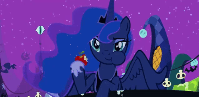A gif of Princess Luna from My Little Pony: Friendship is Magic eating an apple.